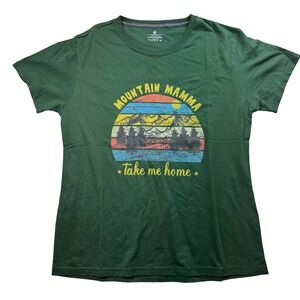 Mountain Mamma Graphic T-Shirt Nature Lover Tee‎ Short Sleeve Top Green Hiking L